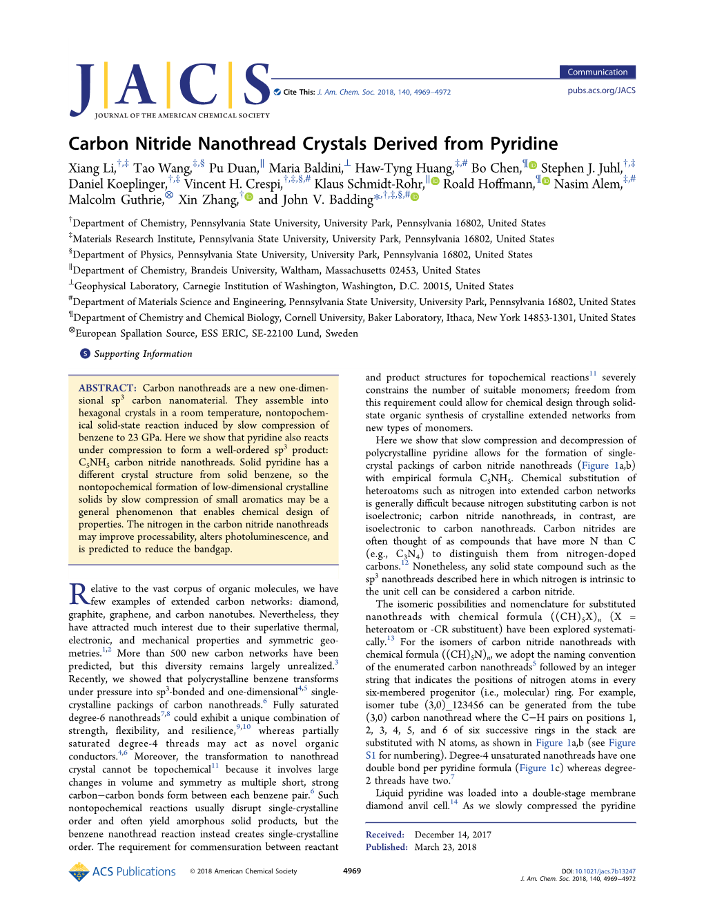 Carbon Nitride Nanothread Crystals Derived from Pyridine † ‡ ‡ § ∥ ⊥ ‡ # ¶ † ‡ Xiang Li, , Tao Wang, , Pu Duan, Maria Baldini, Haw-Tyng Huang, , Bo Chen, Stephen J