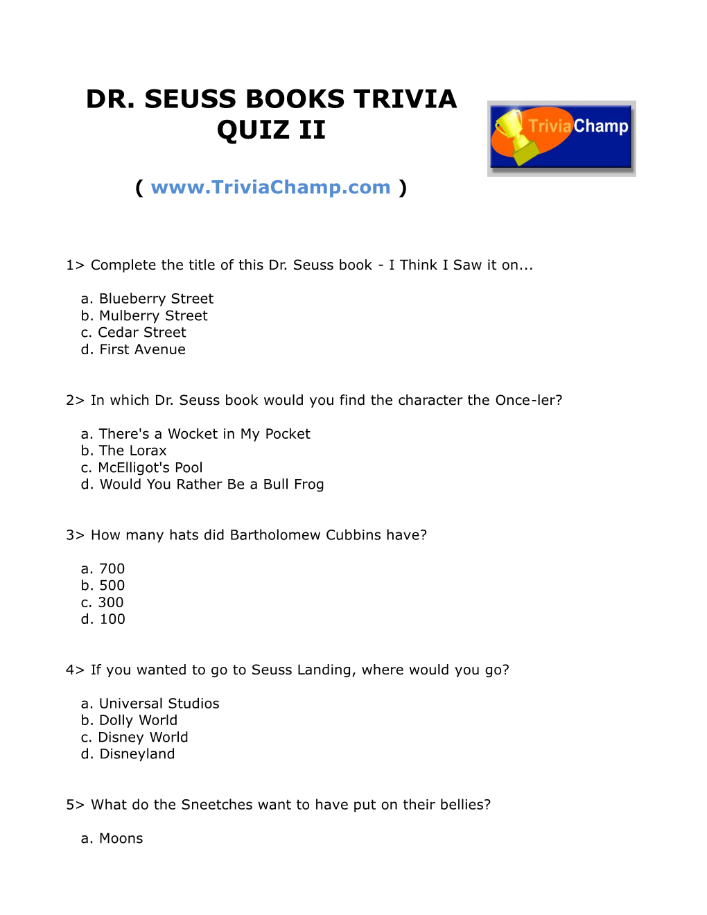 Dr. Seuss Books Trivia Quiz Ii