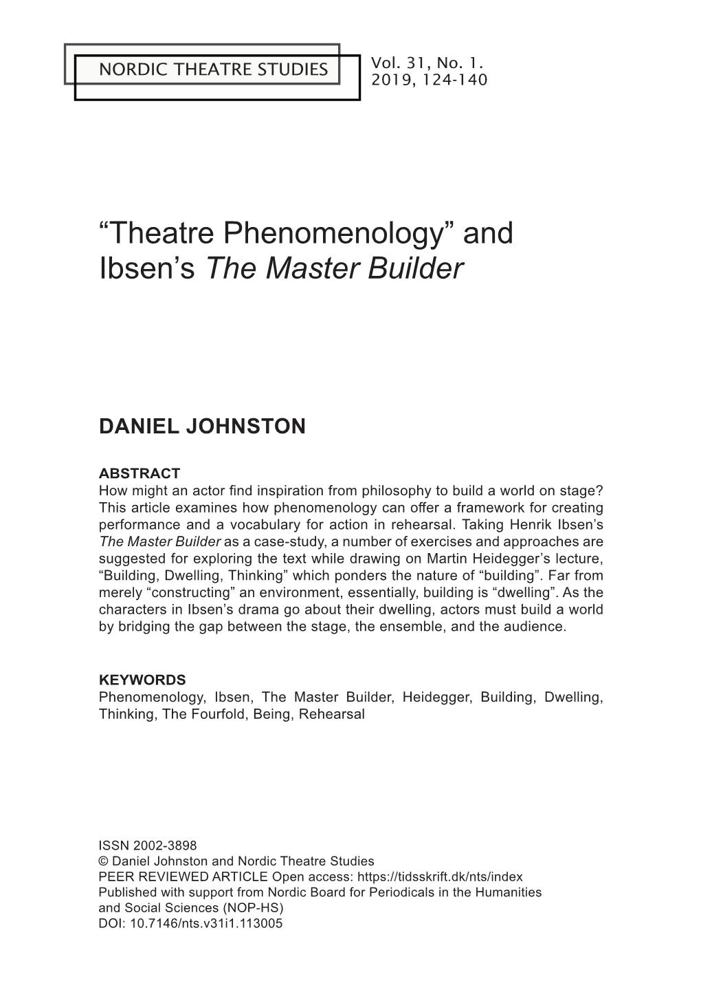 “Theatre Phenomenology” and Ibsen's the Master Builder