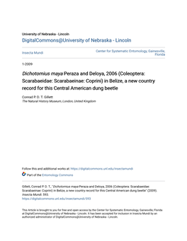 Dichotomius Maya Peraza and Deloya, 2006 (Coleoptera: Scarabaeidae: Scarabaeinae: Coprini) in Belize, a New Country Record for This Central American Dung Beetle
