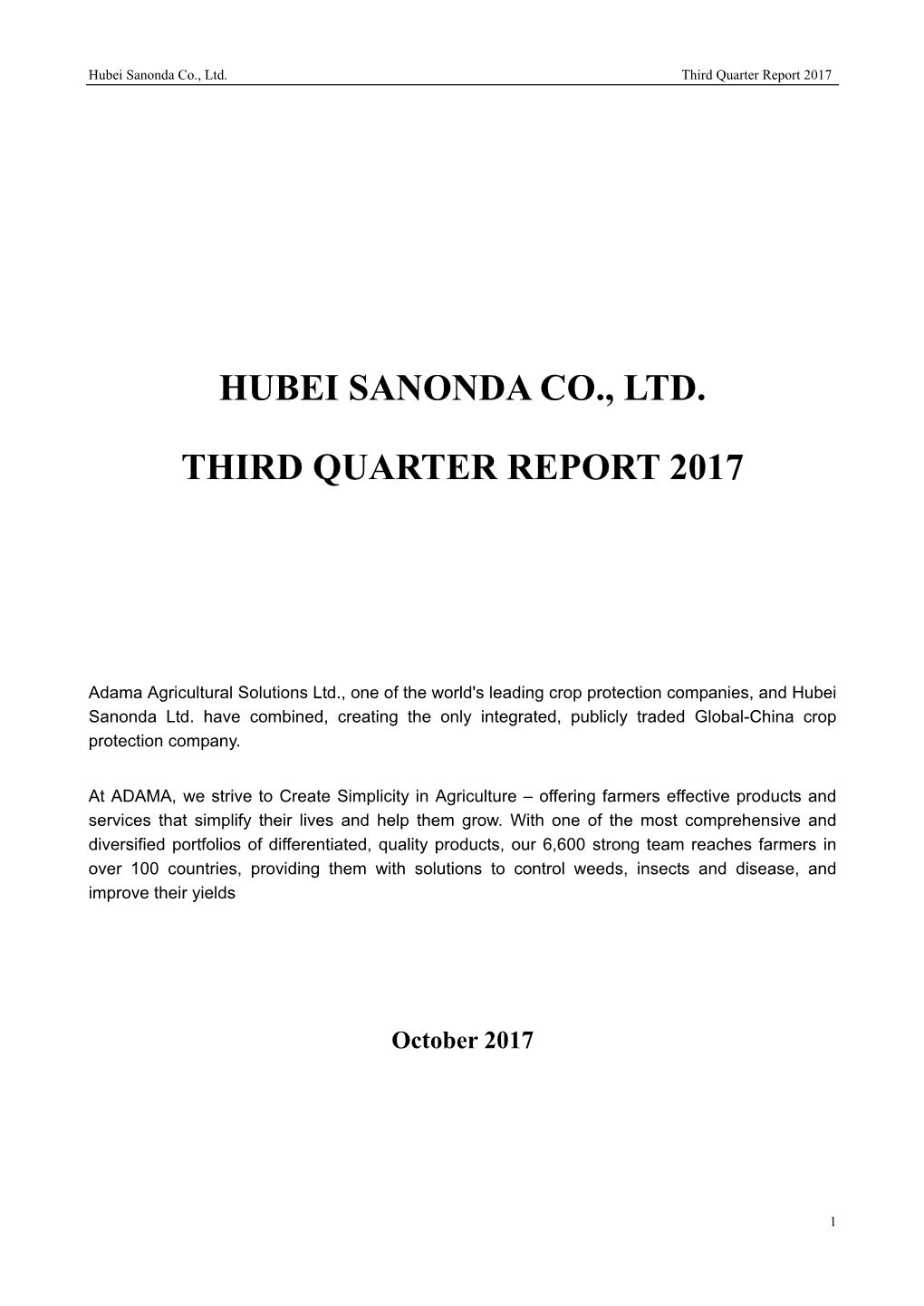 Hubei Sanonda Co., Ltd. Third Quarter Report 2017