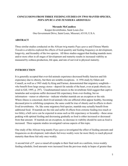 Conclusions from Three Feeding Studies on Two Mantid Species, Popa Spurca and Tenodera Aridifolia