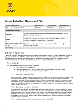 Special Collections Management Plan