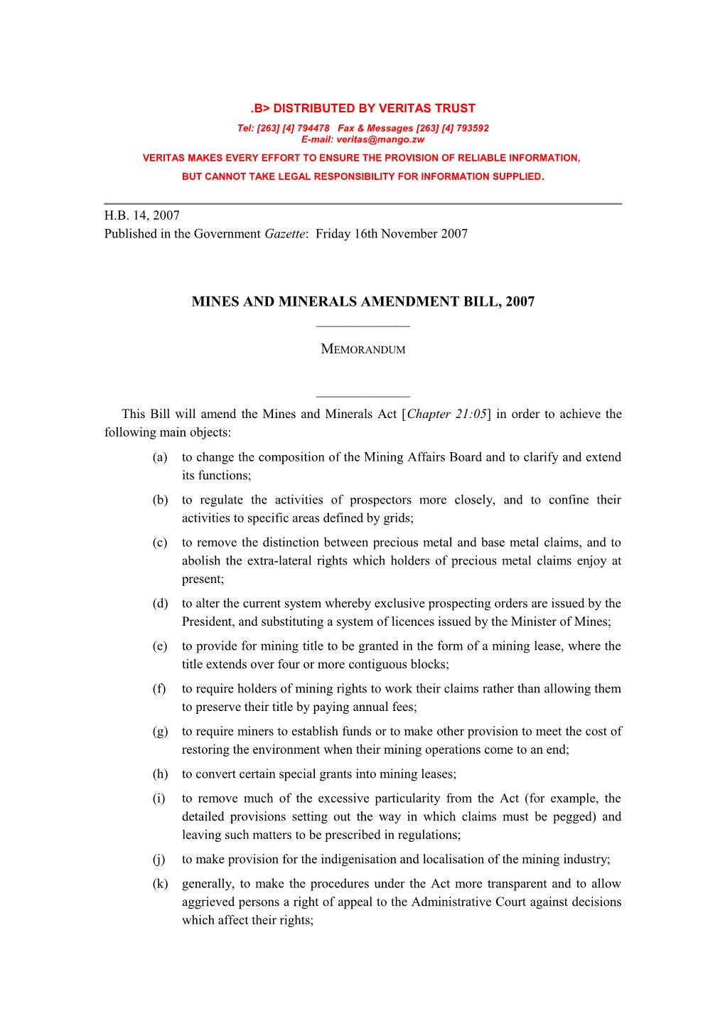 Mines And Minerals Amendment Bill - HB 14- 2007