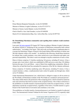 B'tselem's Letter to Netanyahu and Lieberman, Regarding Intent To