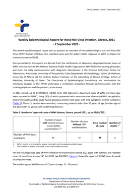 Weekly Epidemiological Report for West Nile Virus Infection, Greece, 2021 - 7 September 2021