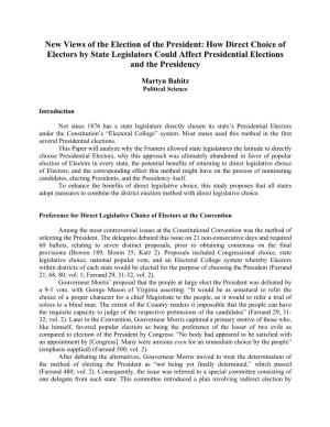 The Rationale for State Legislatures Selecting Electors and What It