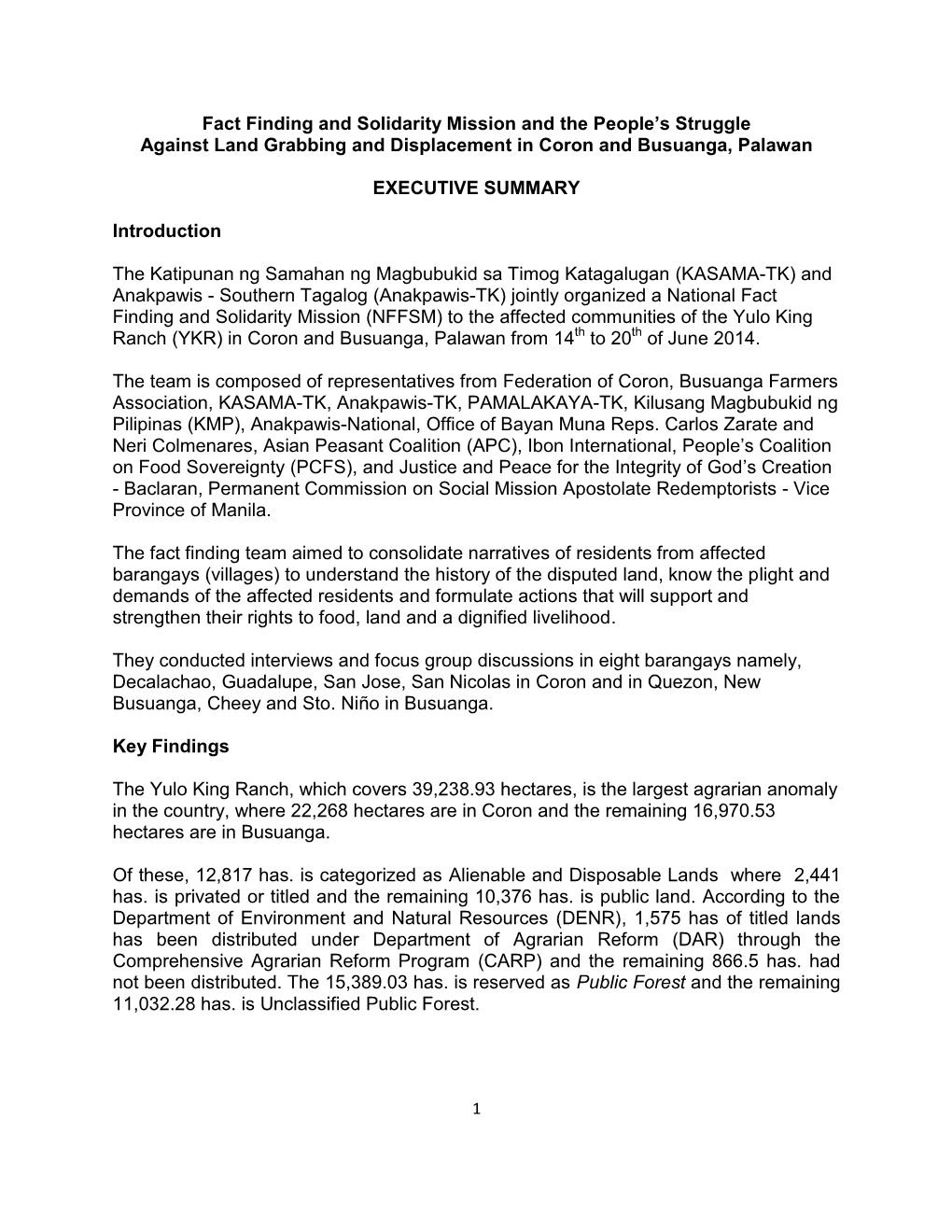 Fact Finding and Solidarity Mission and People's Struggle Against Land Grabbing and Displacement in Coron and Busuanga, Palawa