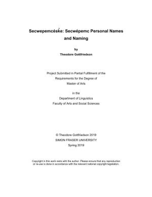 Secwepemcésk ̓ E: Secwépemc Personal Names and Naming