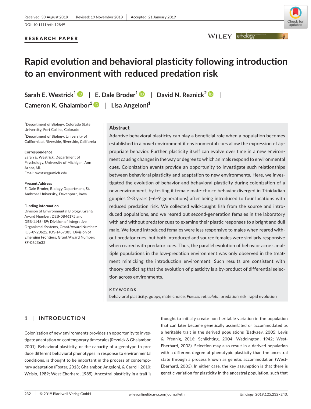 Rapid Evolution and Behavioral Plasticity Following Introduction to an Environment with Reduced Predation Risk