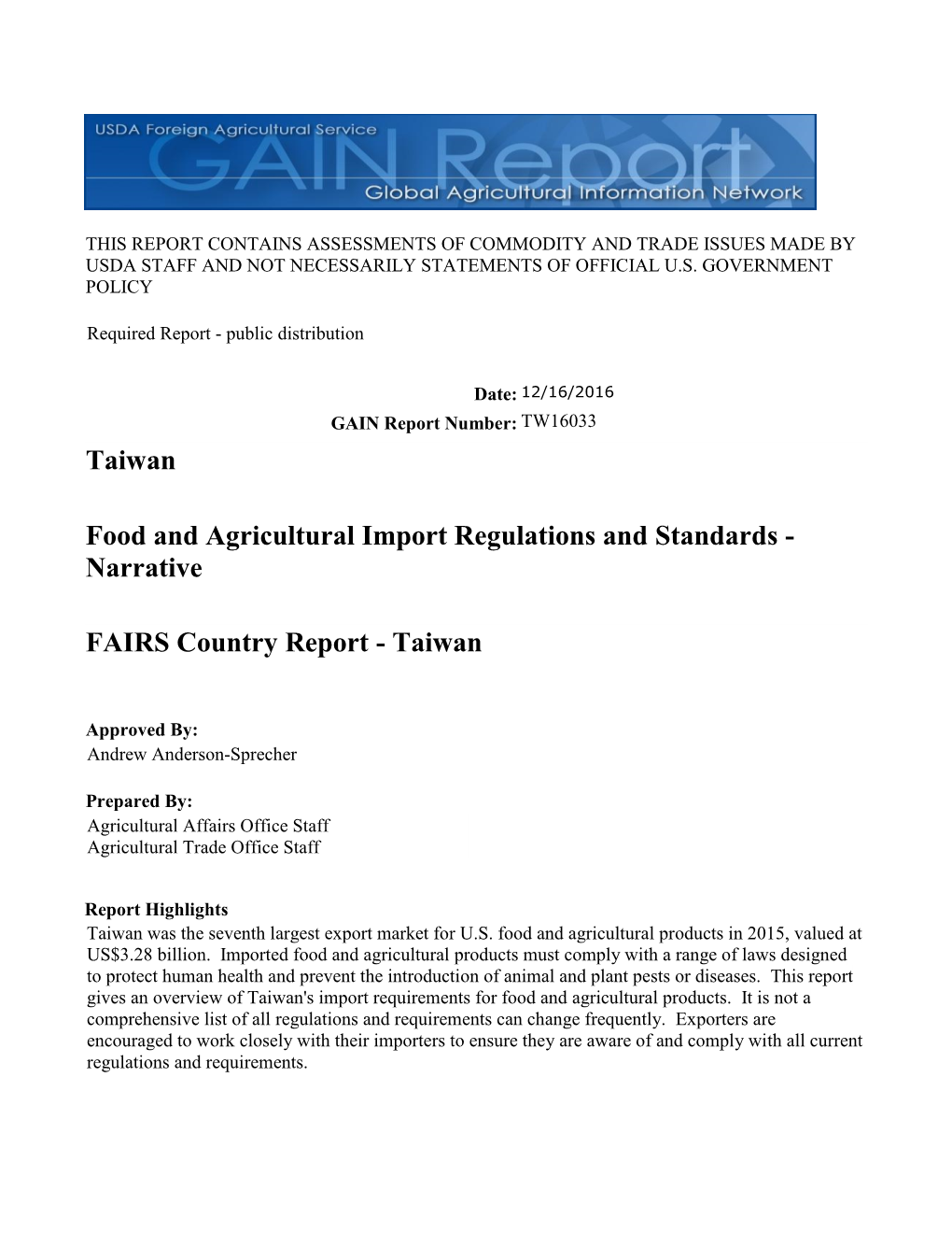 Taiwan Food and Agricultural Import Regulations and Standards