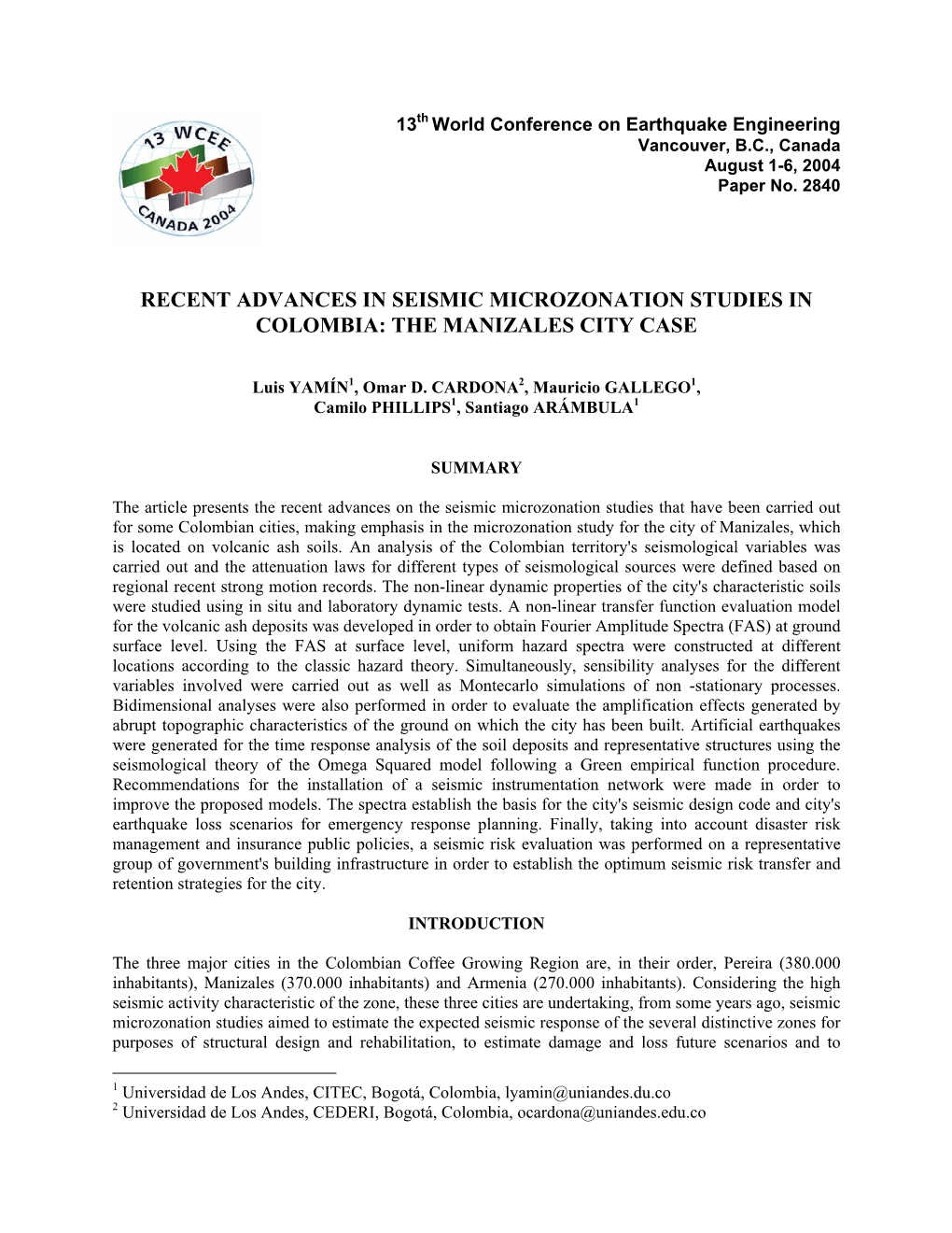 Recent Advances in Seismic Microzonation Studies in Colombia: the Manizales City Case