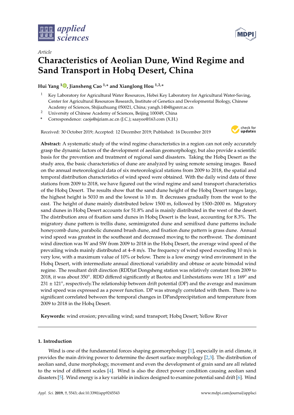 Characteristics of Aeolian Dune, Wind Regime and Sand Transport in Hobq Desert, China