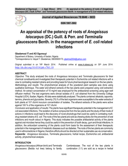 An Appraisal of the Potency of Roots of Anogeissus Leiocarpus (DC.) Guill