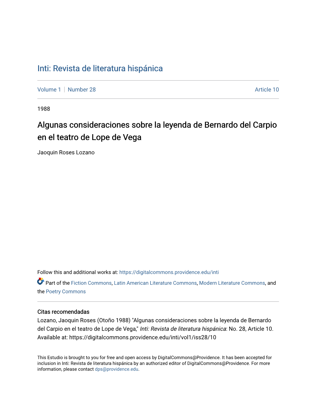 Algunas Consideraciones Sobre La Leyenda De Bernardo Del Carpio En El Teatro De Lope De Vega