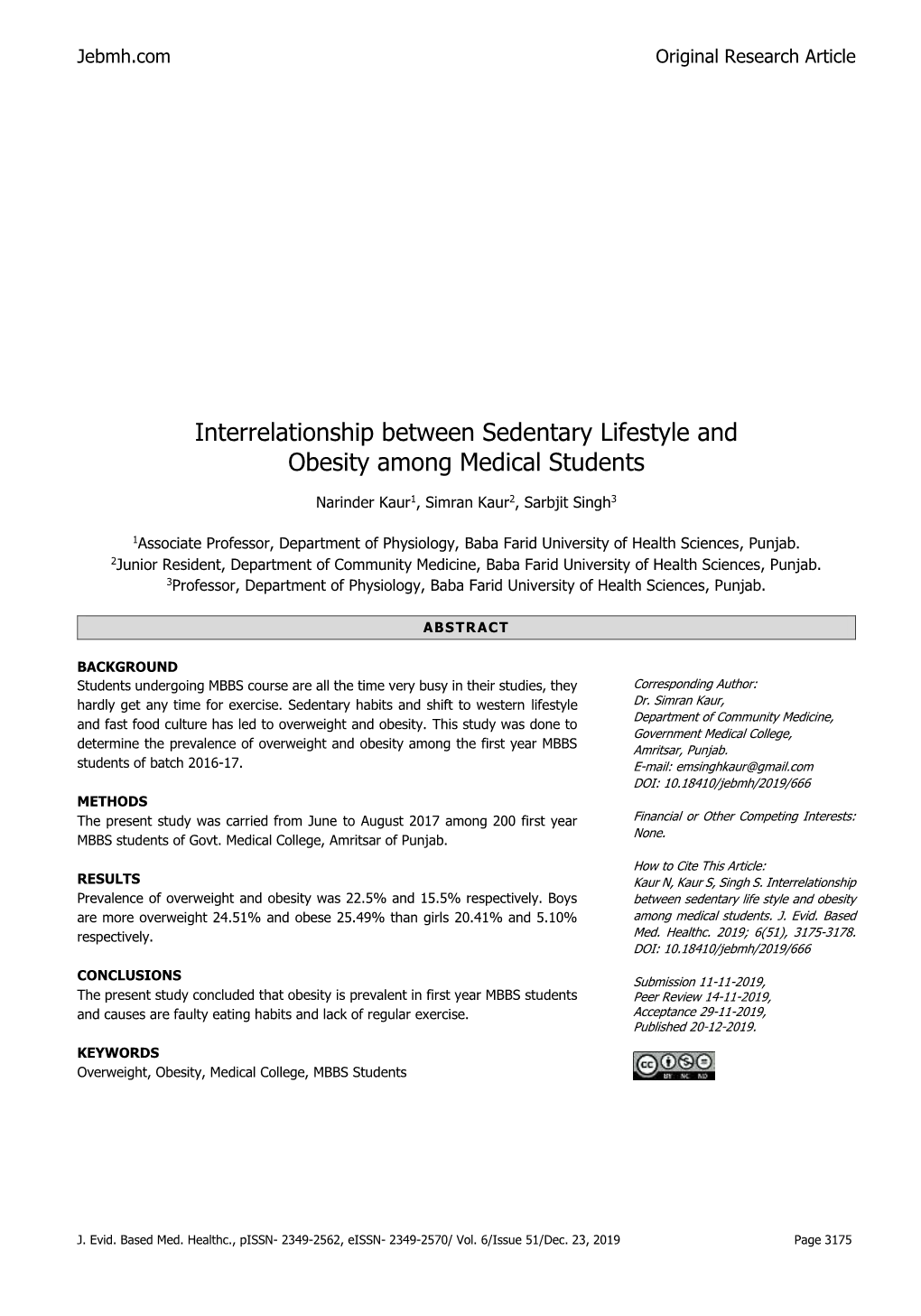 Interrelationship Between Sedentary Lifestyle and Obesity Among Medical Students