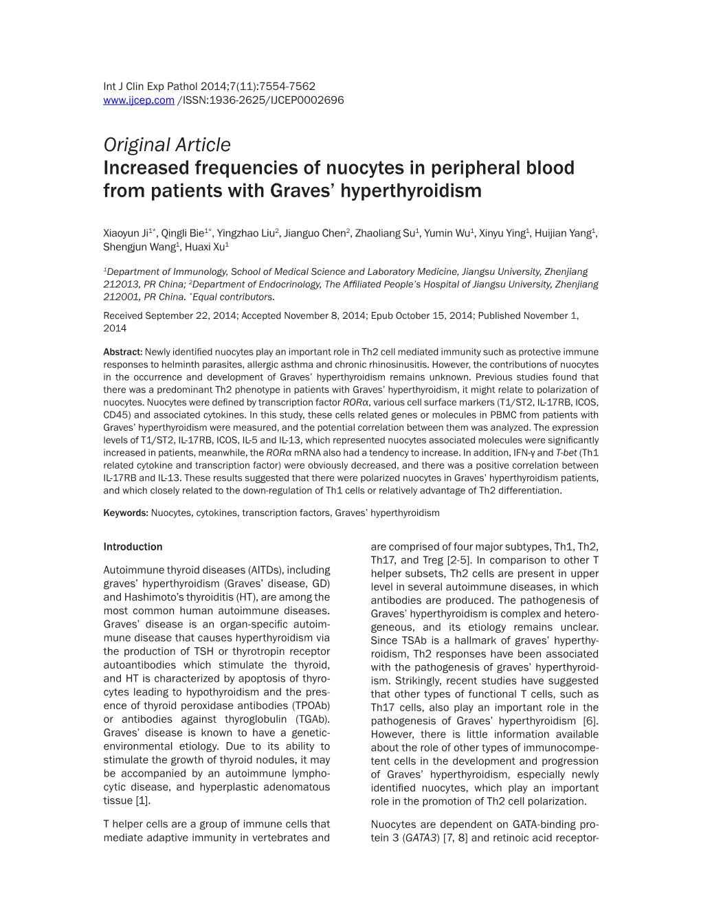 Original Article Increased Frequencies of Nuocytes in Peripheral Blood from Patients with Graves’ Hyperthyroidism