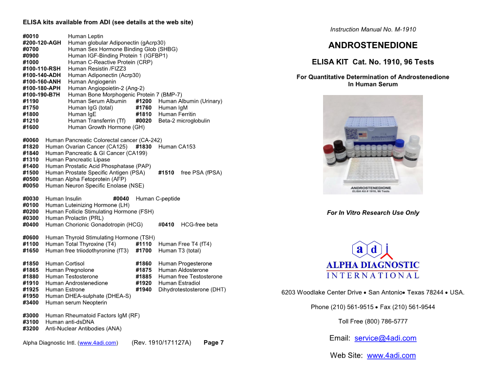 ANDROSTENEDIONE #0900 Human IGF-Binding Protein 1 (IGFBP1) #1000 Human C-Reactive Protein (CRP) ELISA KIT Cat