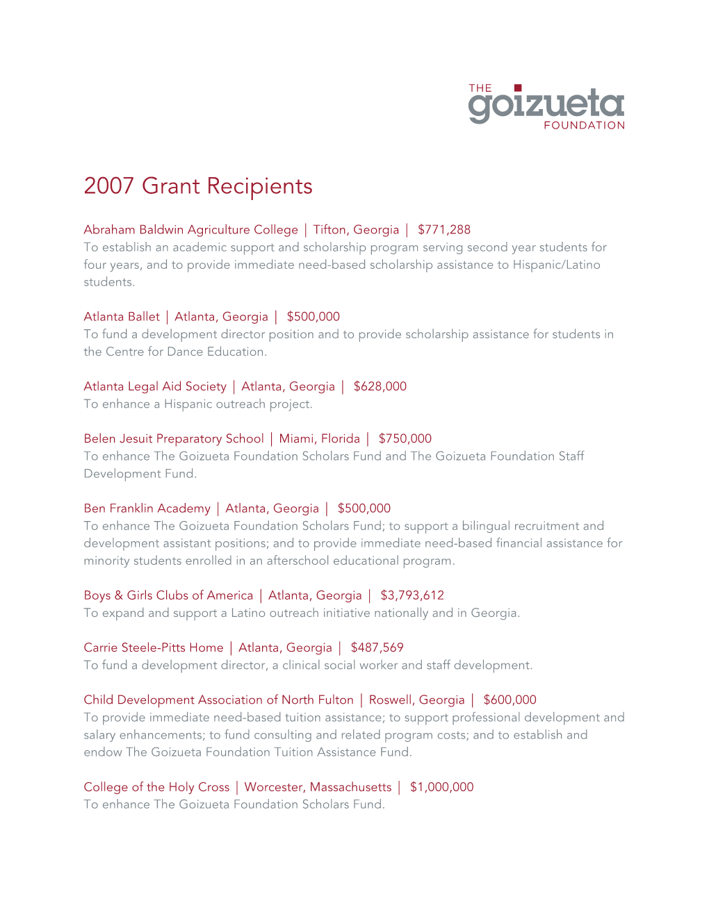 2007 Grant Recipients