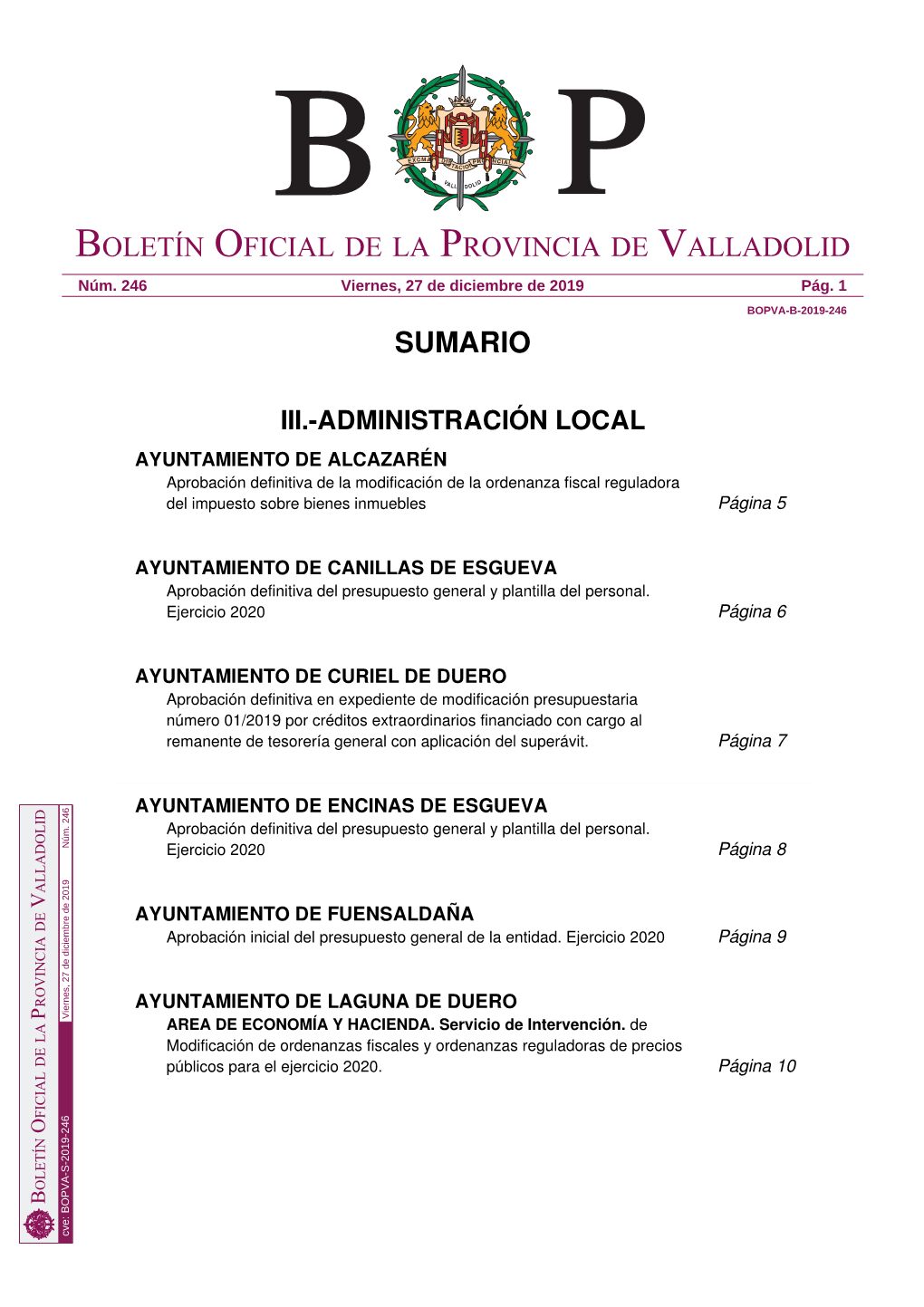 Sumario Boletín Oficial De La Provincia De Valladolid