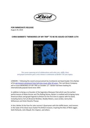For Immediate Release Chris Barber's “Memories of My
