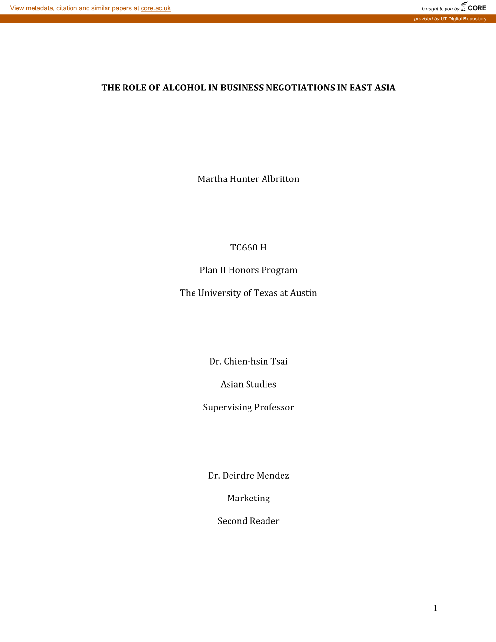 1 the ROLE of ALCOHOL in BUSINESS NEGOTIATIONS in EAST ASIA Martha Hunter