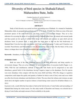 Diversity of Bird Species in Shahadatahasil, Maharashtra State, India