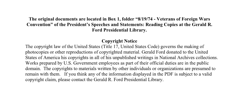 Veterans of Foreign Wars Convention” of the President’S Speeches and Statements: Reading Copies at the Gerald R