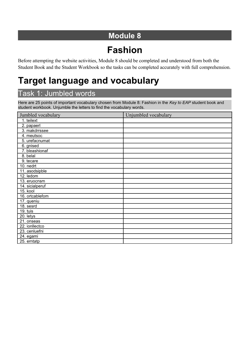 Target Language and Vocabulary