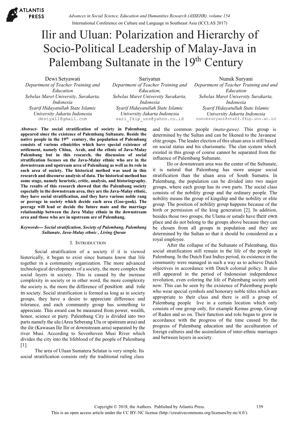 Ilir and Uluan: Polarization and Hierarchy of Socio-Political Leadership of Malay-Java in Palembang Sultanate in the 19Th Century