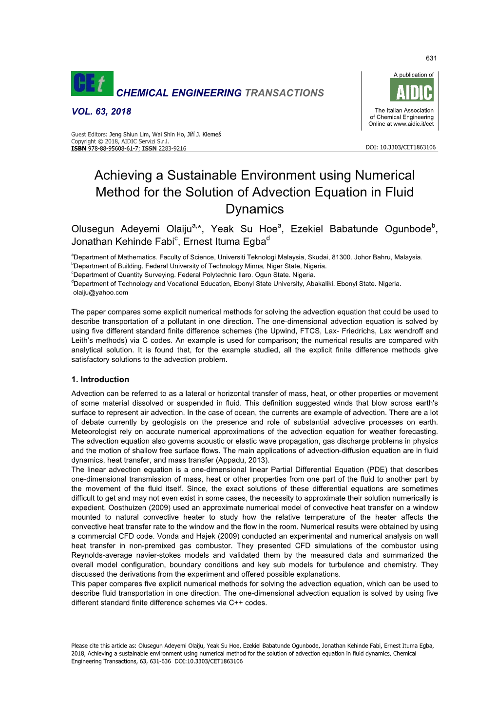 Achieving a Sustainable Environment Using Numerical Method for the Solution of Advection Equation in Fluid Dynamics