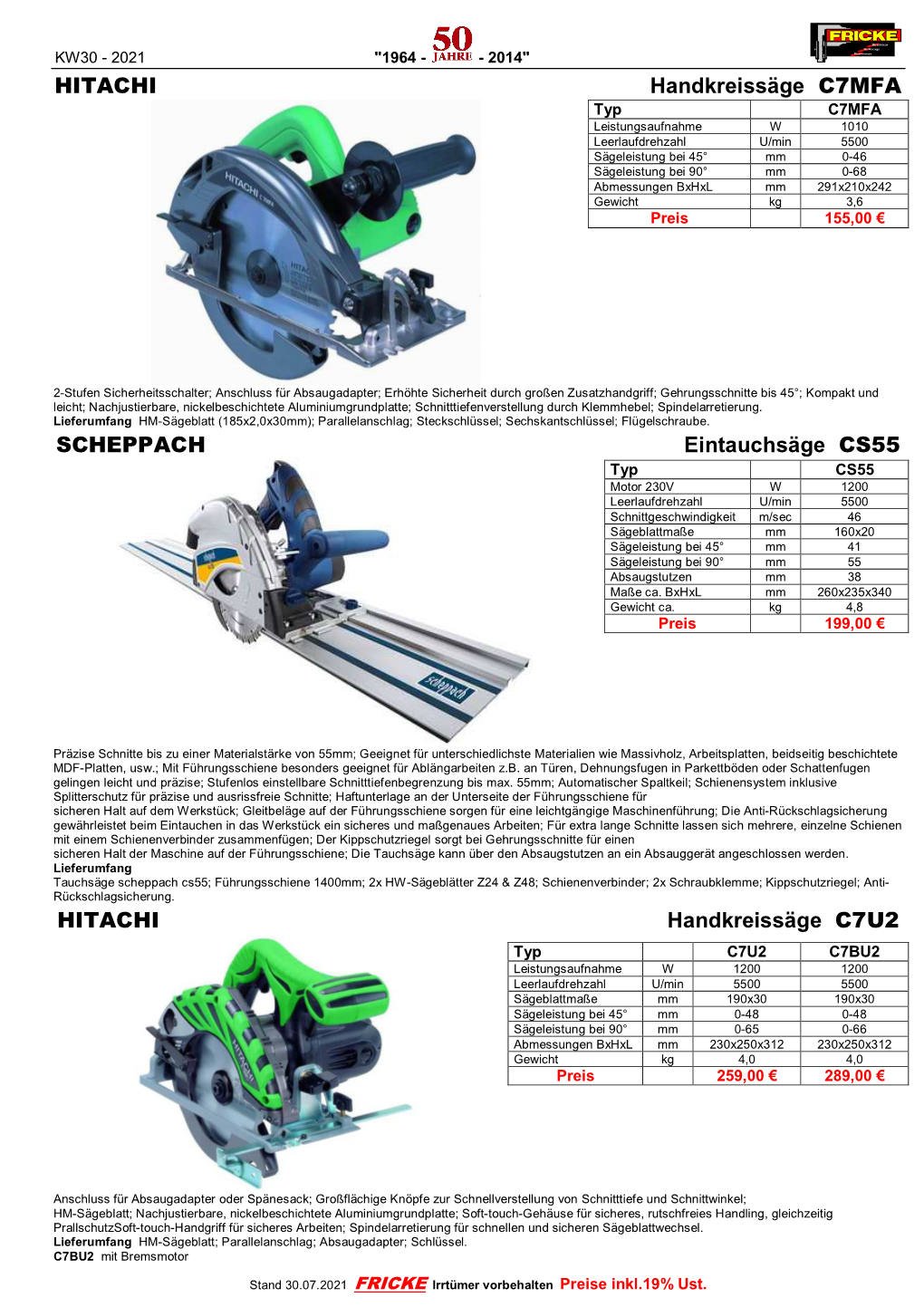 HITACHI Handkreissäge C7MFA SCHEPPACH Eintauchsäge CS55