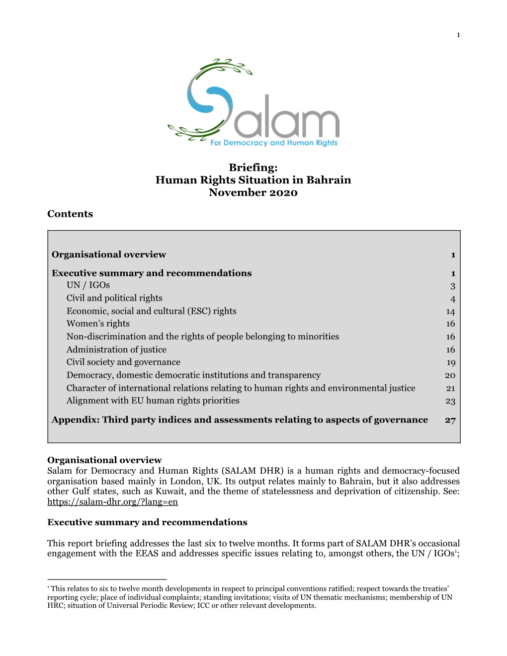 Briefing: Human Rights Situation in Bahrain November 2020