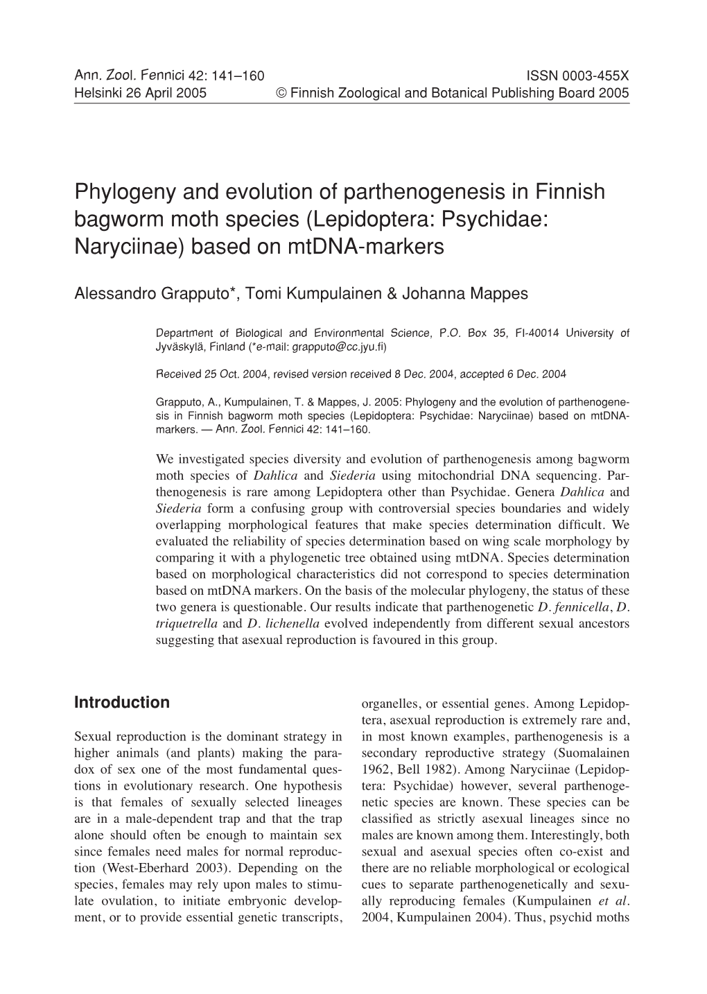 (Lepidoptera: Psychidae: Naryciinae) Based on Mtdna-Markers