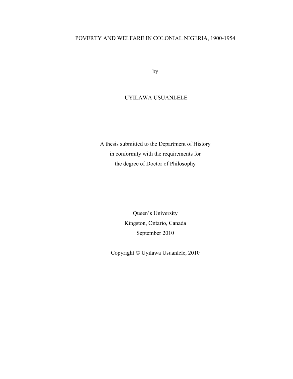 POVERTY and WELFARE in COLONIAL NIGERIA, 1900-1954 By