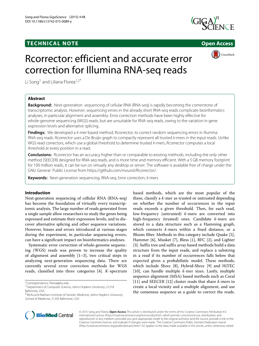 Efficient and Accurate Error Correction for Illumina RNA-Seq Reads Li Song1 and Liliana Florea1,2*