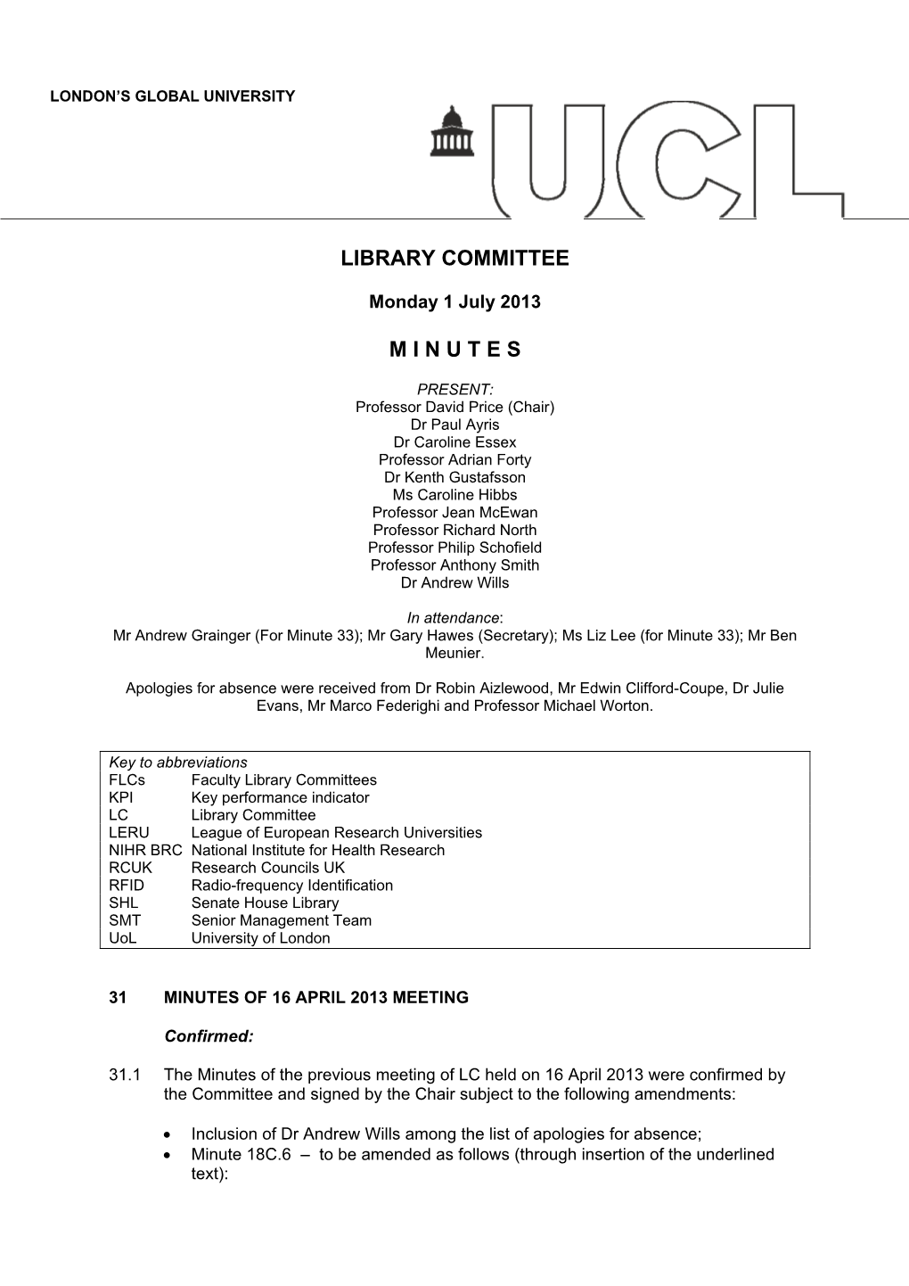 Download UCL Library Committee Minutes from 01 July 2013