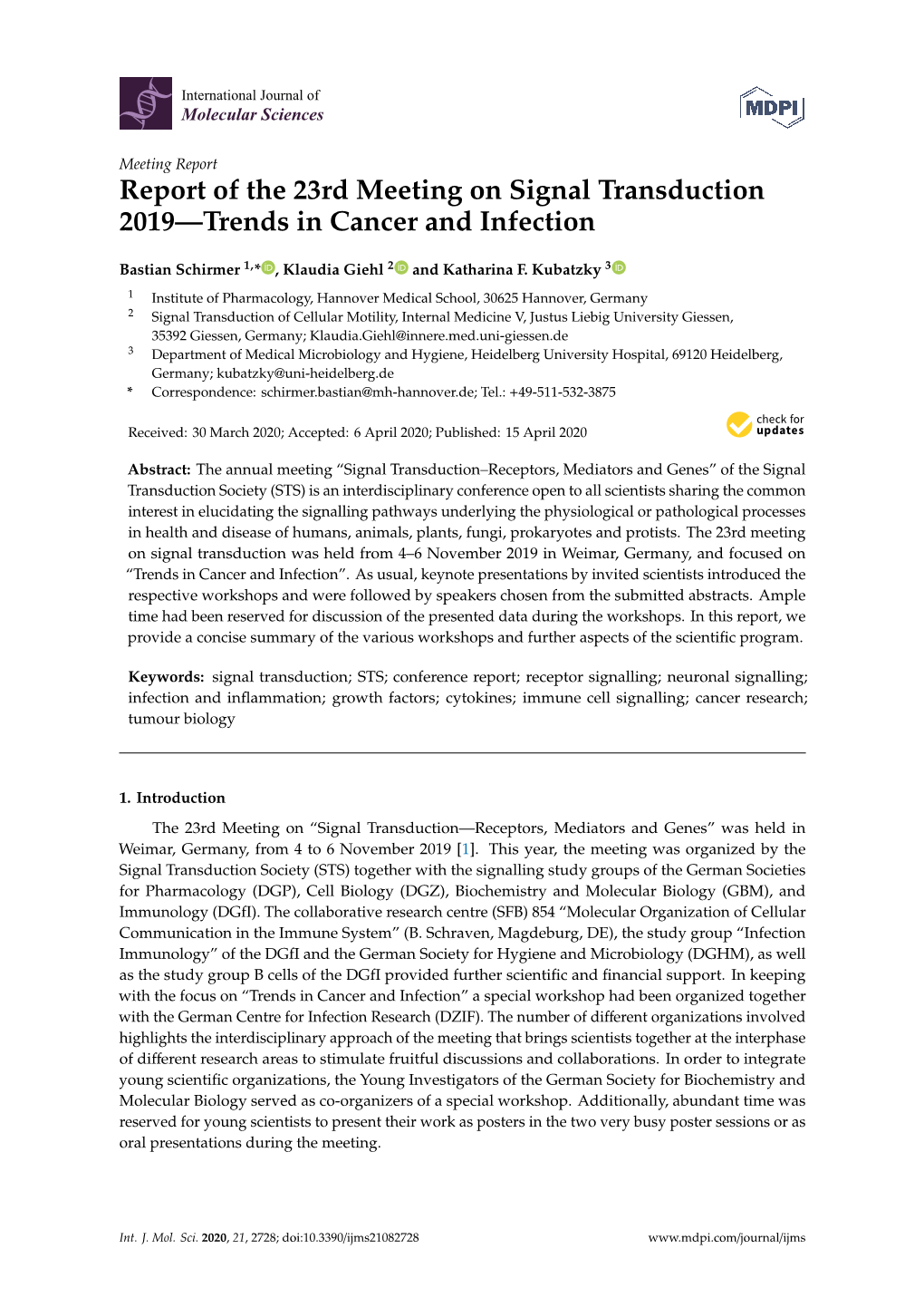 Report of the 23Rd Meeting on Signal Transduction 2019—Trends in Cancer and Infection