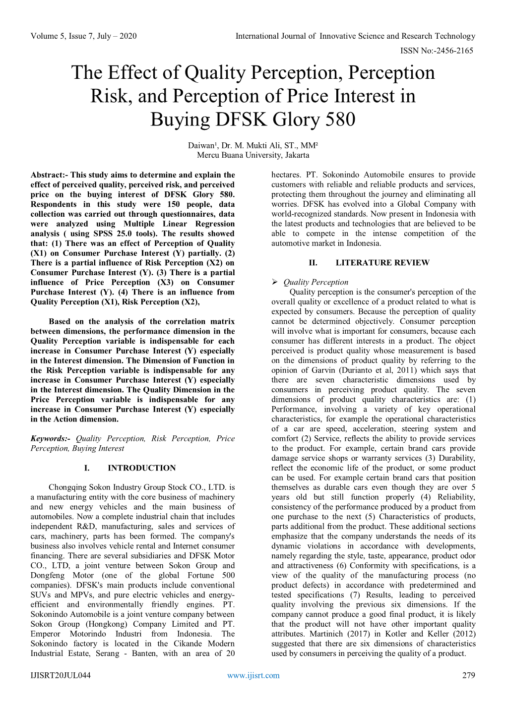 The Effect of Quality Perception, Perception Risk, and Perception of Price Interest in Buying DFSK Glory 580