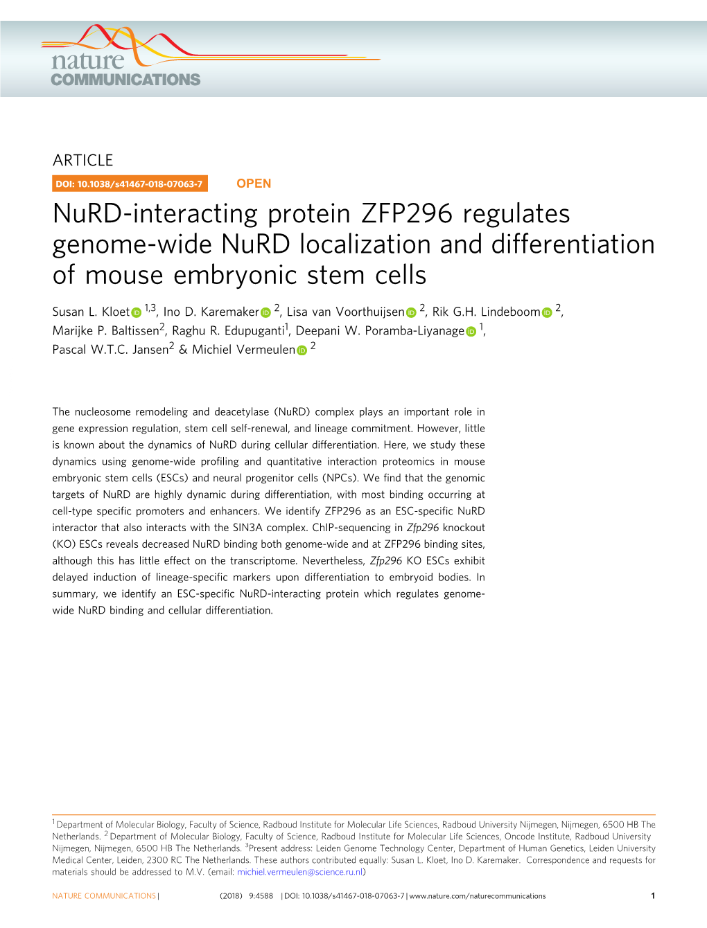 Nurd-Interacting Protein ZFP296 Regulates Genome-Wide Nurd Localization and Differentiation of Mouse Embryonic Stem Cells