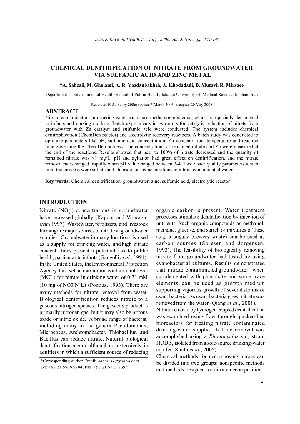 Chemical Denitrification of Nitrate from Groundwater Via Sulfamic Acid and Zinc Metal