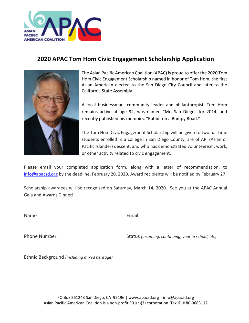 2020 APAC Tom Hom Civic Engagement Scholarship Application