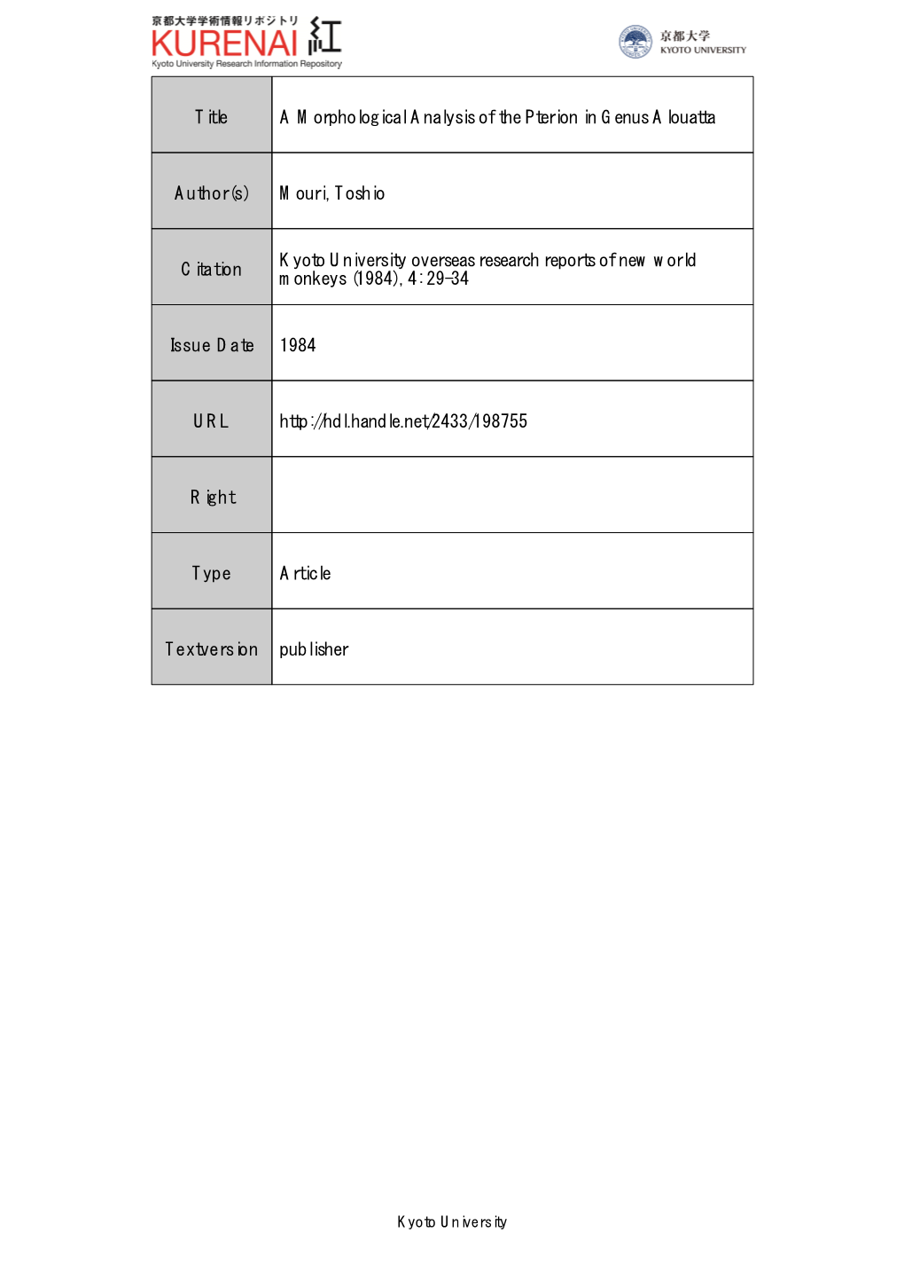 Title a Morphological Analysis of the Pterion in Genus Alouatta Author(S