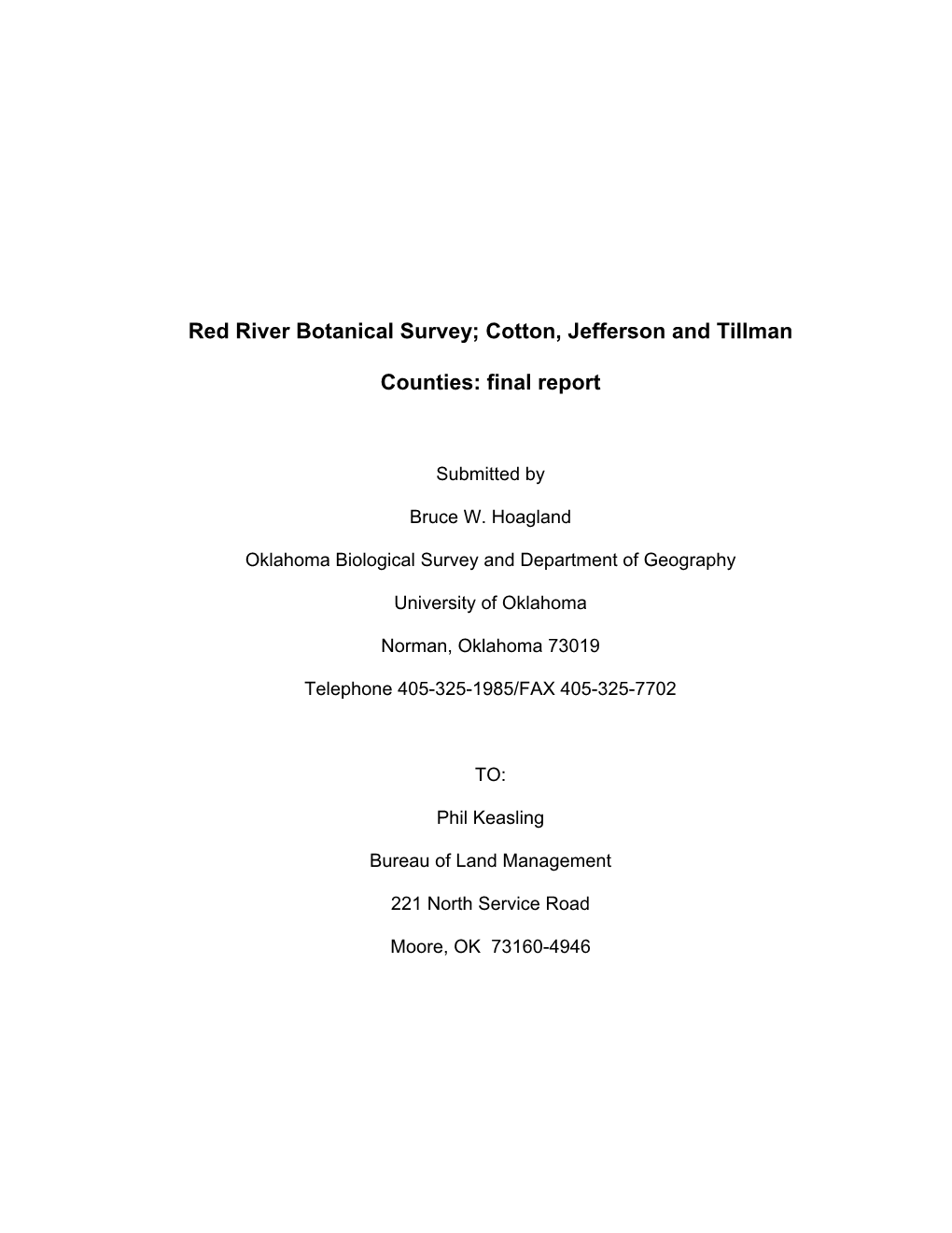 Cotton, Jefferson and Tillman Counties: Final Report