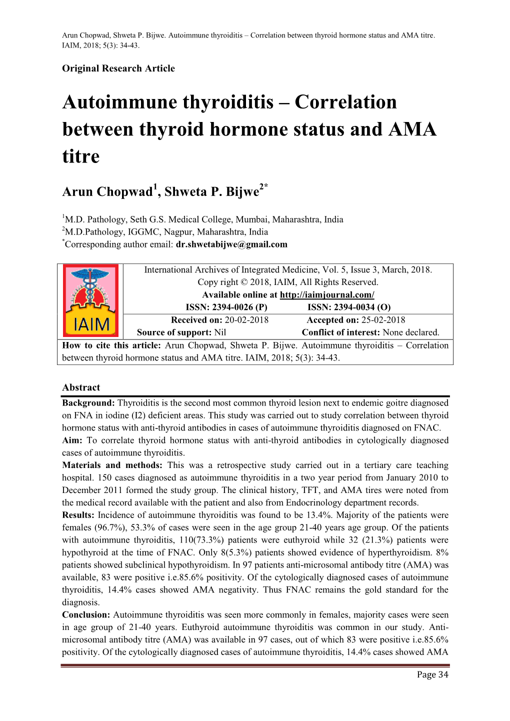 Autoimmune Thyroiditis – Correlation Between Thyroid Hormone Status and AMA Titre