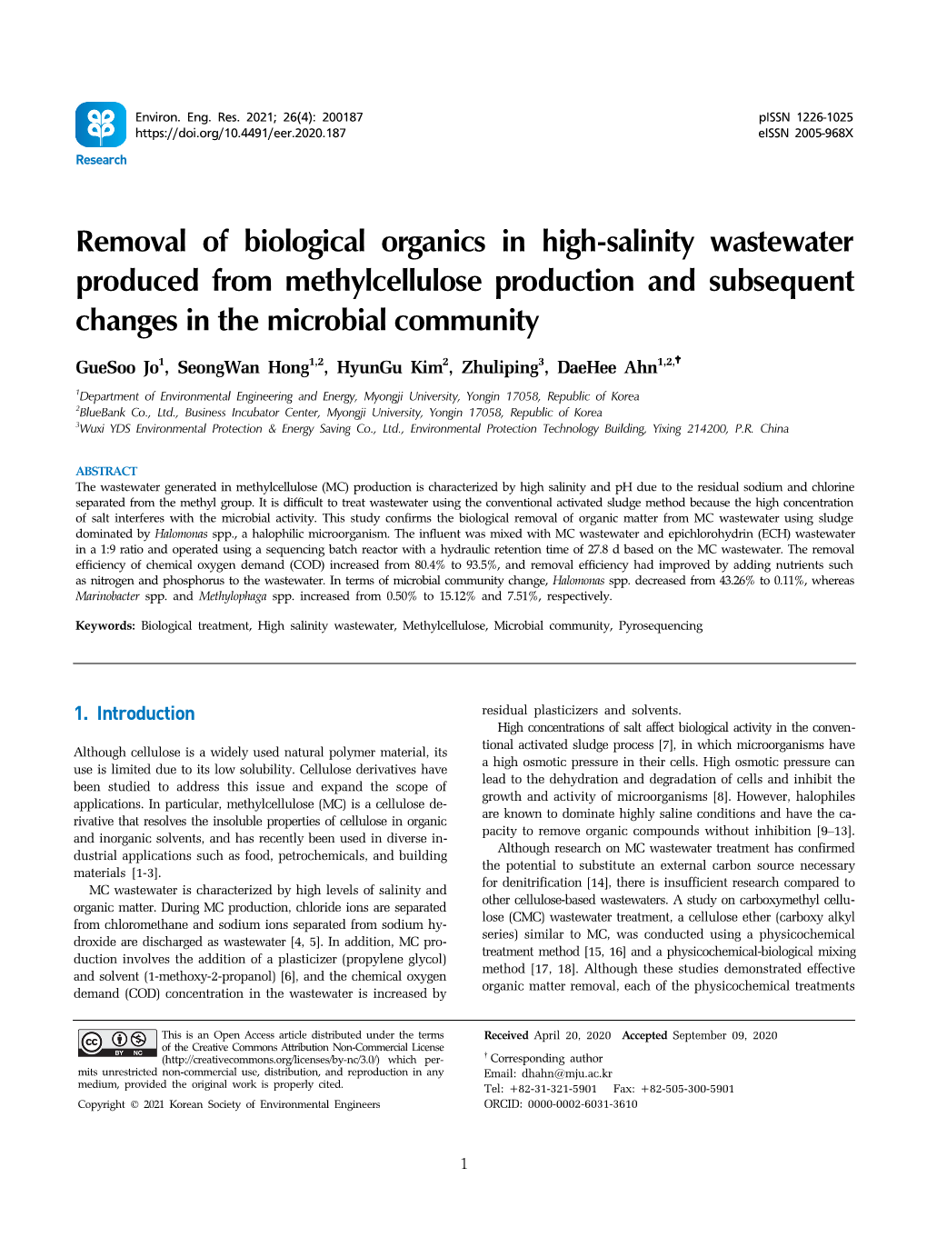 Removal of Biological Organics in High-Salinity Wastewater Produced from Methylcellulose Production and Subsequent Changes in the Microbial Community