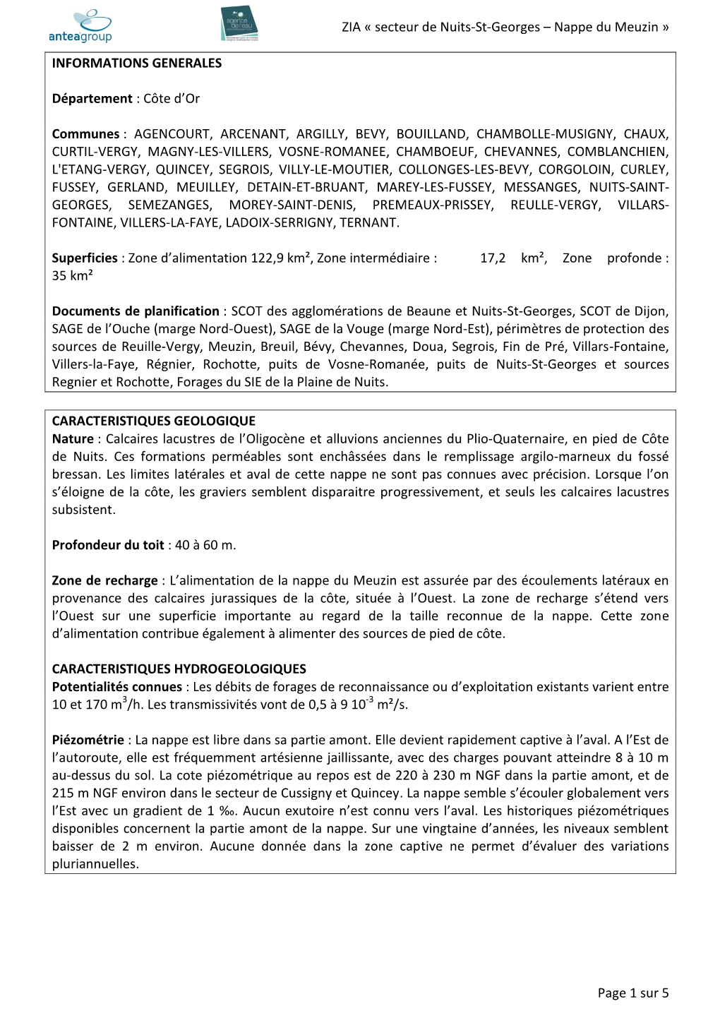 ZIA « Secteur De Nuits-St-Georges – Nappe Du Meuzin » Page 1 Sur 5