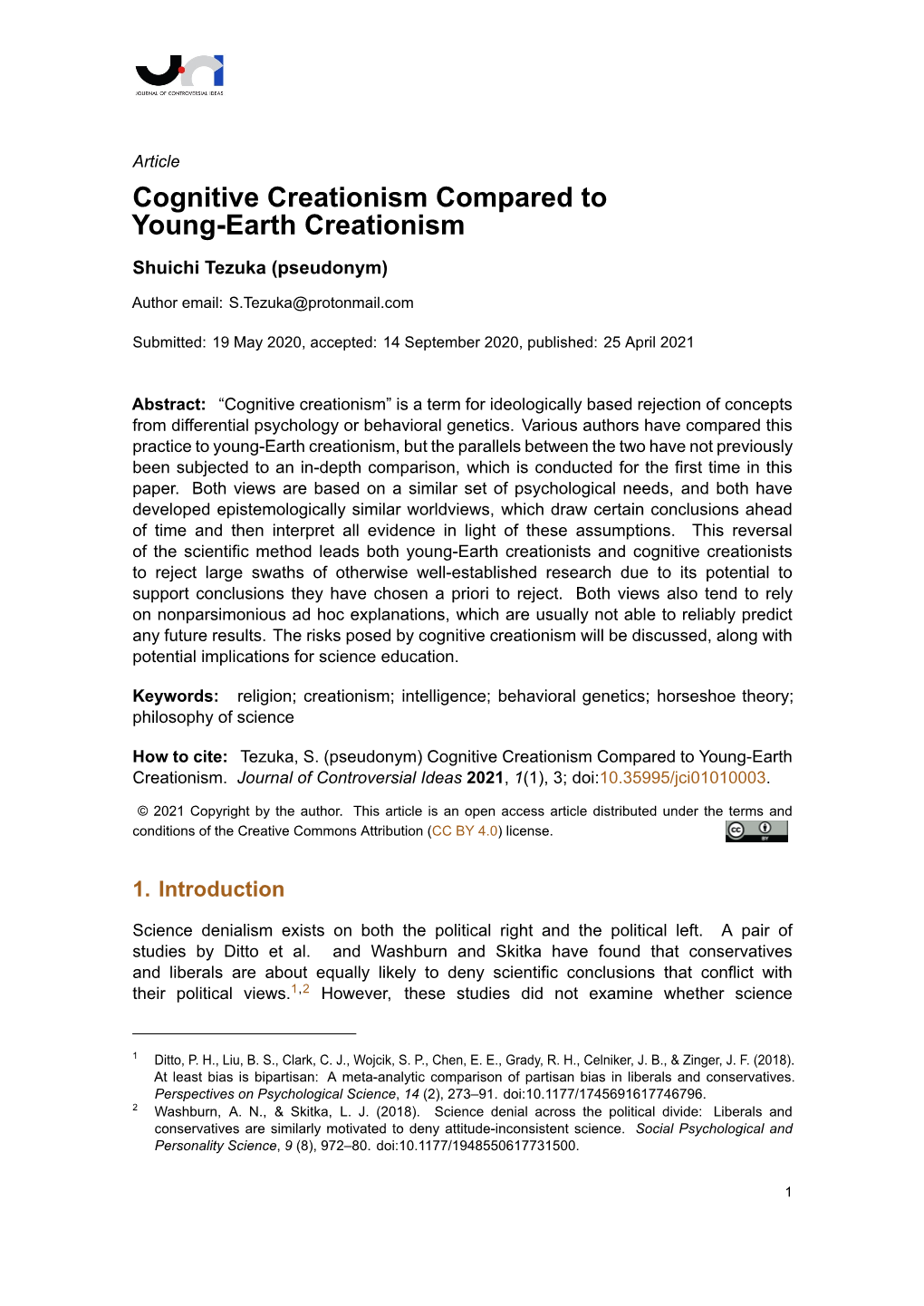 Cognitive Creationism Compared to Youngearth Creationism