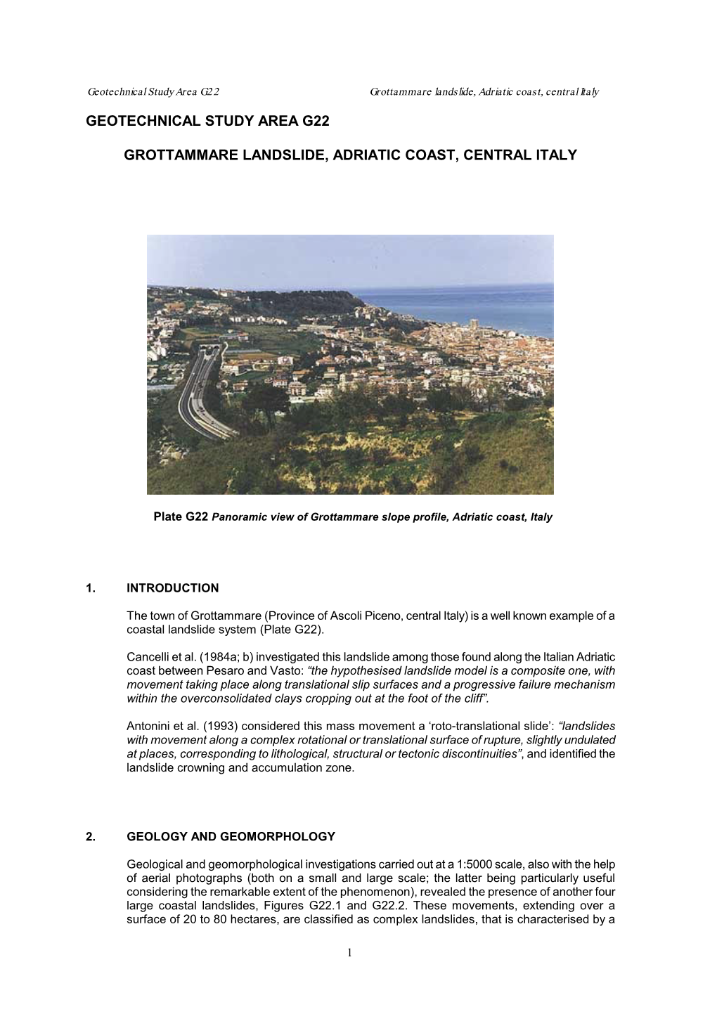 Geotechnical Study Area G22 Grottammare Landslide, Adriatic Coast, Central Italy