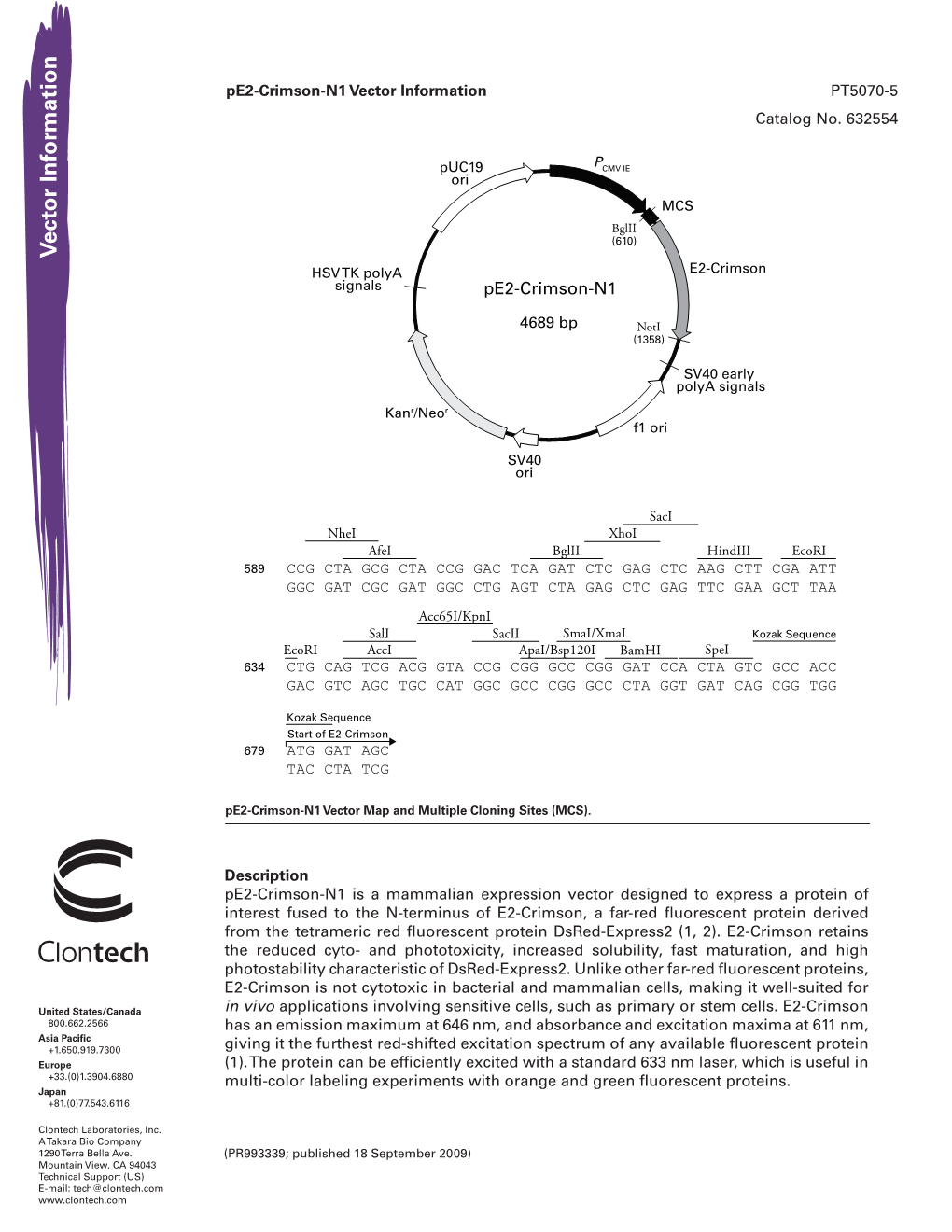 Pe2-Crimson-N1 Vector Information PT5070-5 Catalog No